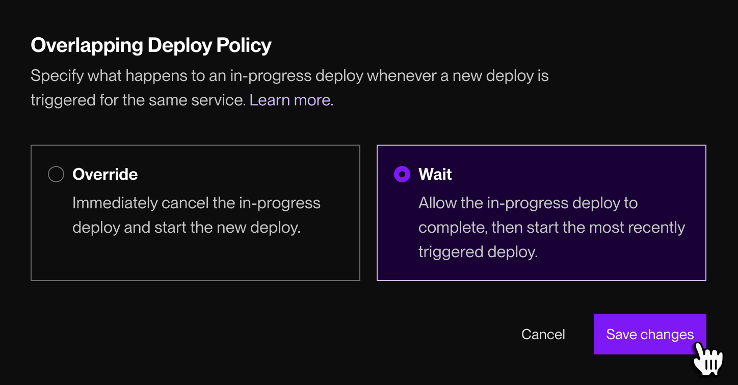 The Overlapping Deploy Policy setting in the Render Dashboard