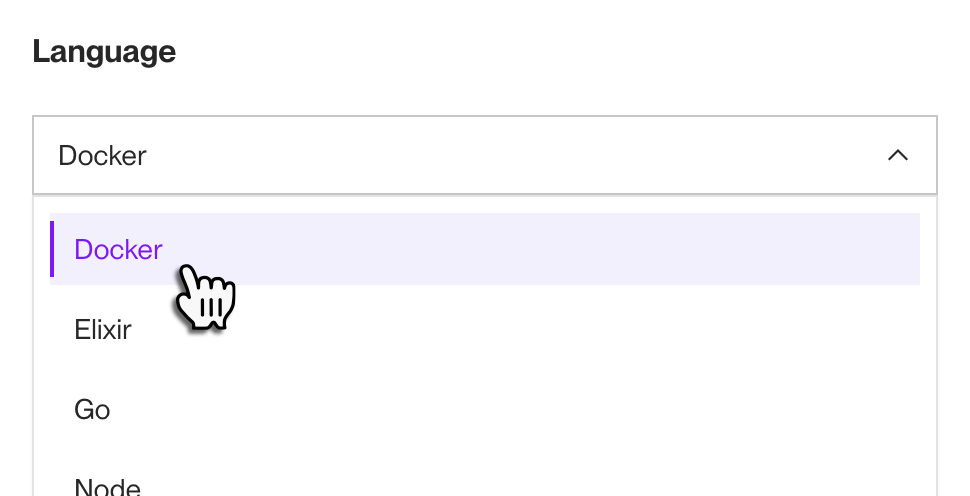 Selecting the Docker language runtime during service creation