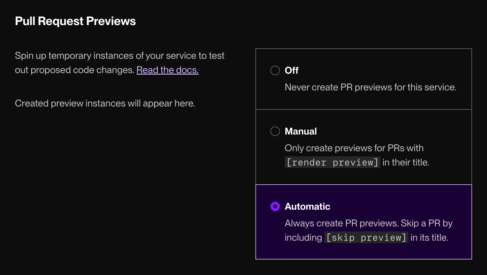 Setting PR preview options in the Render Dashboard