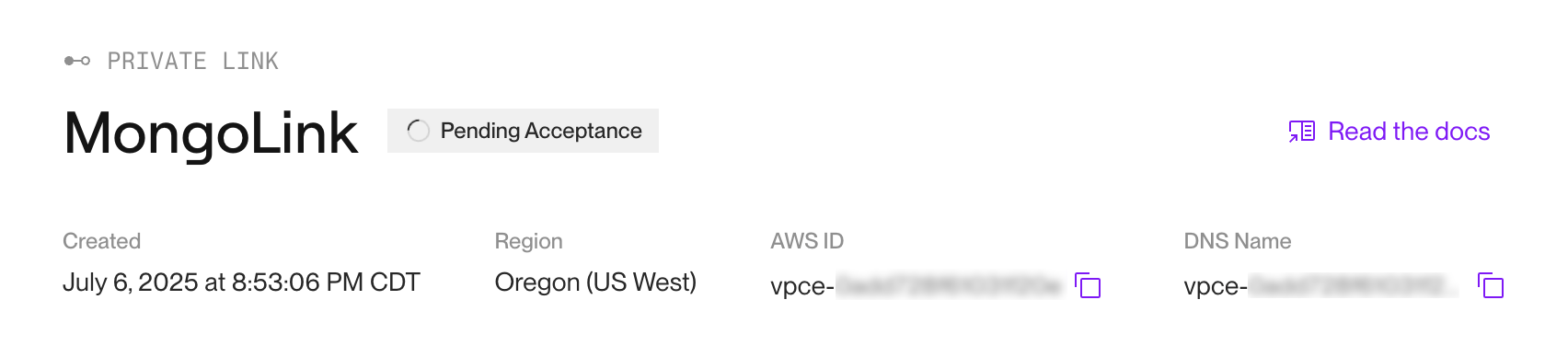 The private link creation form in the Render Dashboard