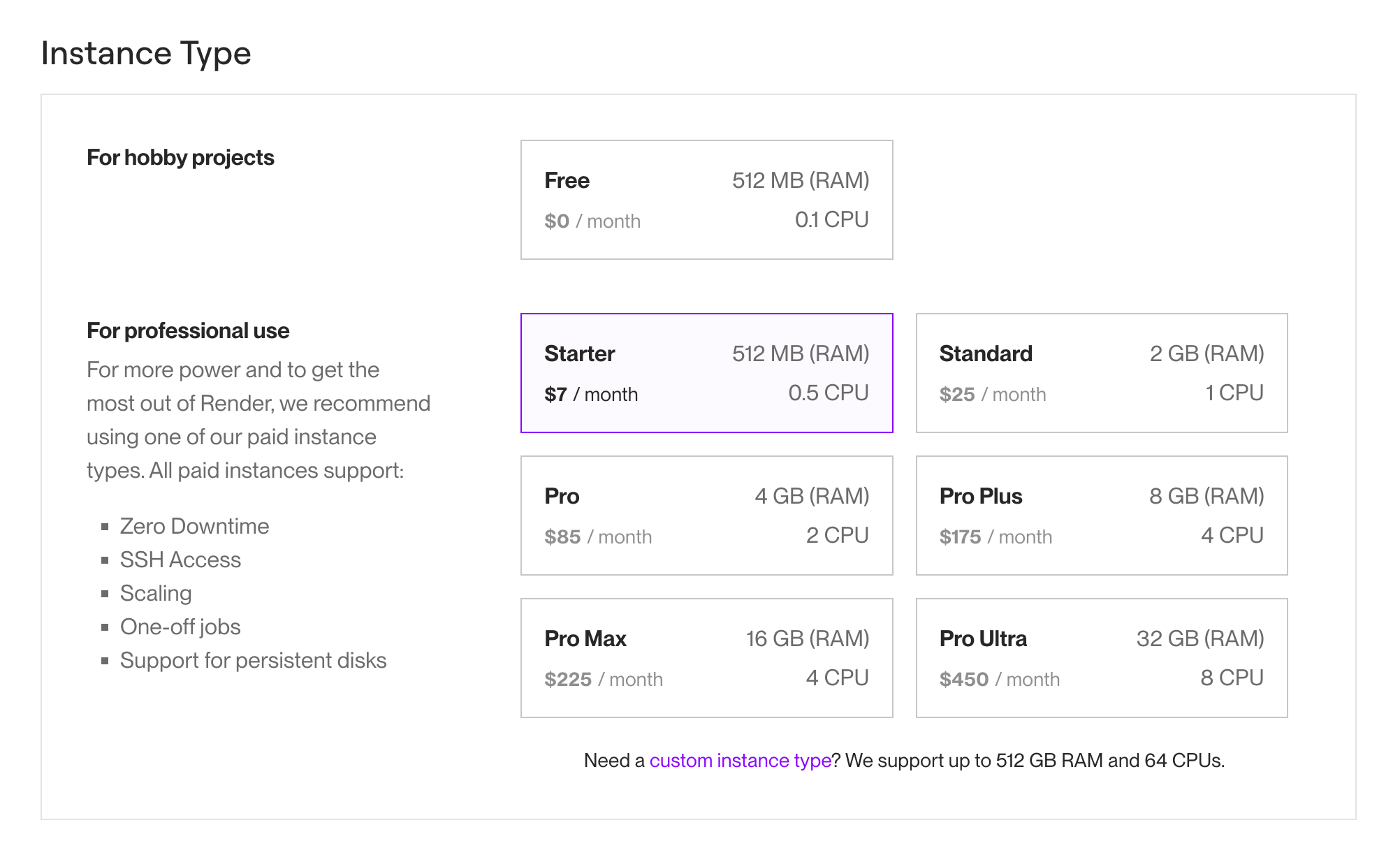 Selecting a web service's instance type in the Render Dashboard