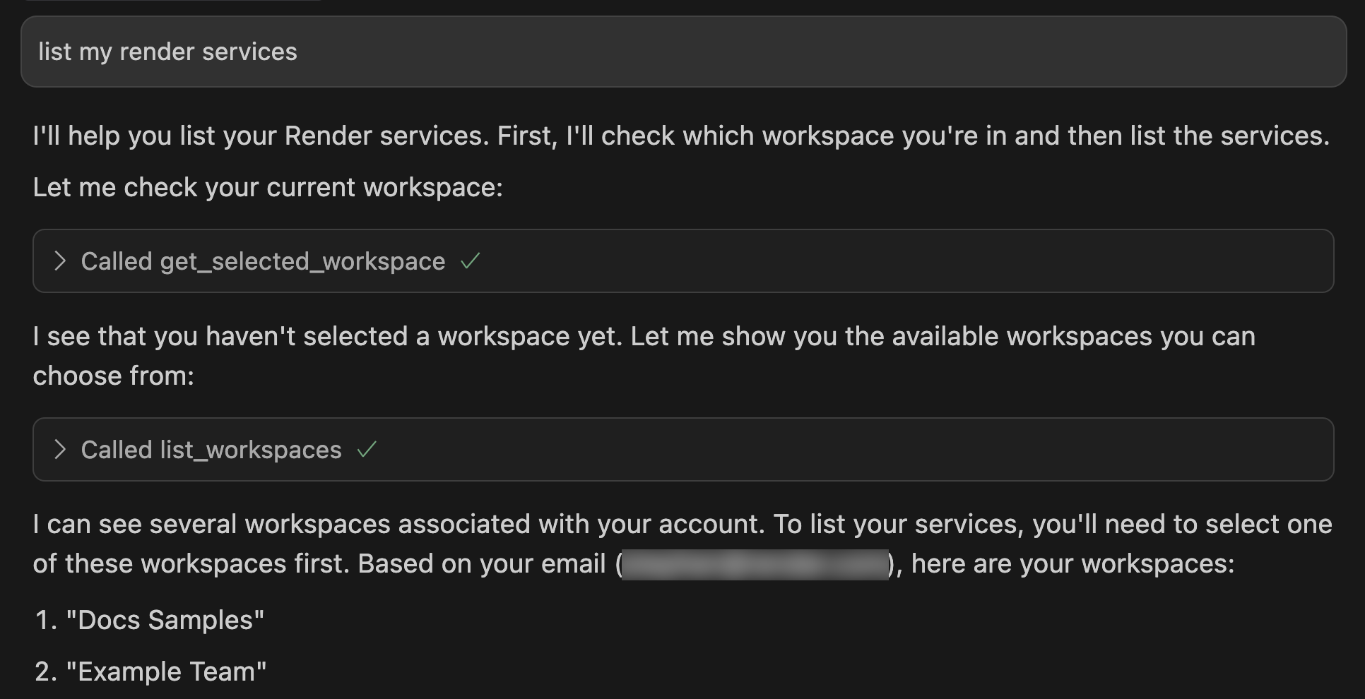 Selecting an active Render workspace in Cursor