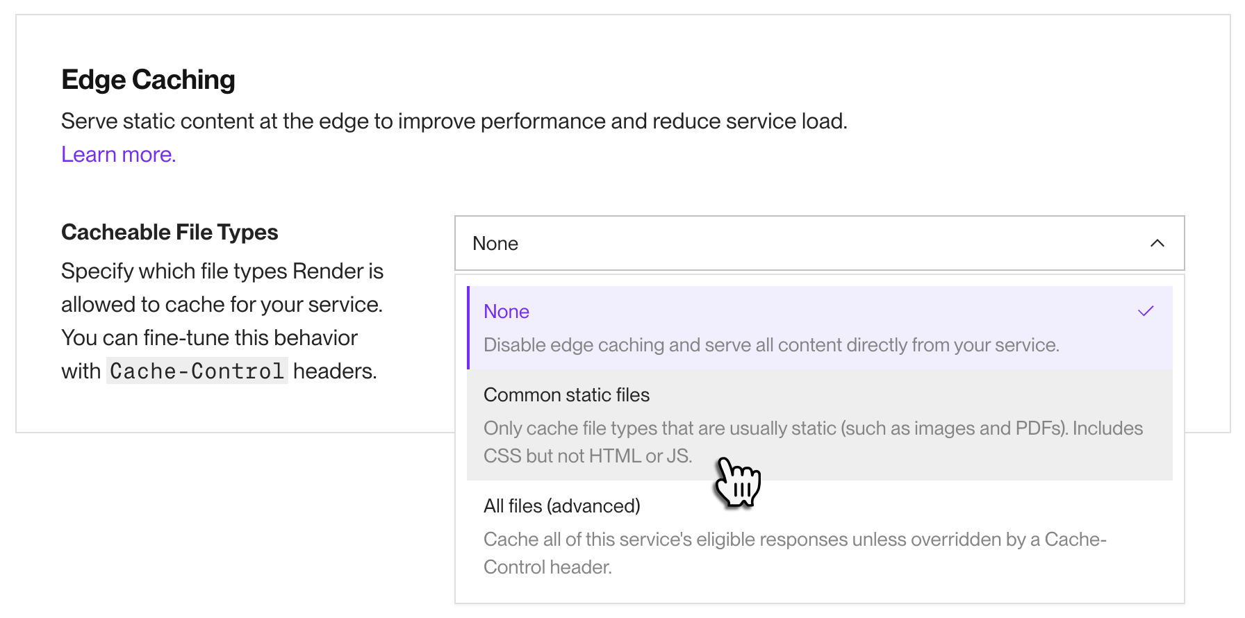 Enabling edge caching in the Render Dashboard