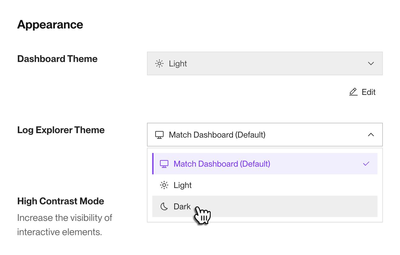 Log explorer theme settings in the Render Dashboard