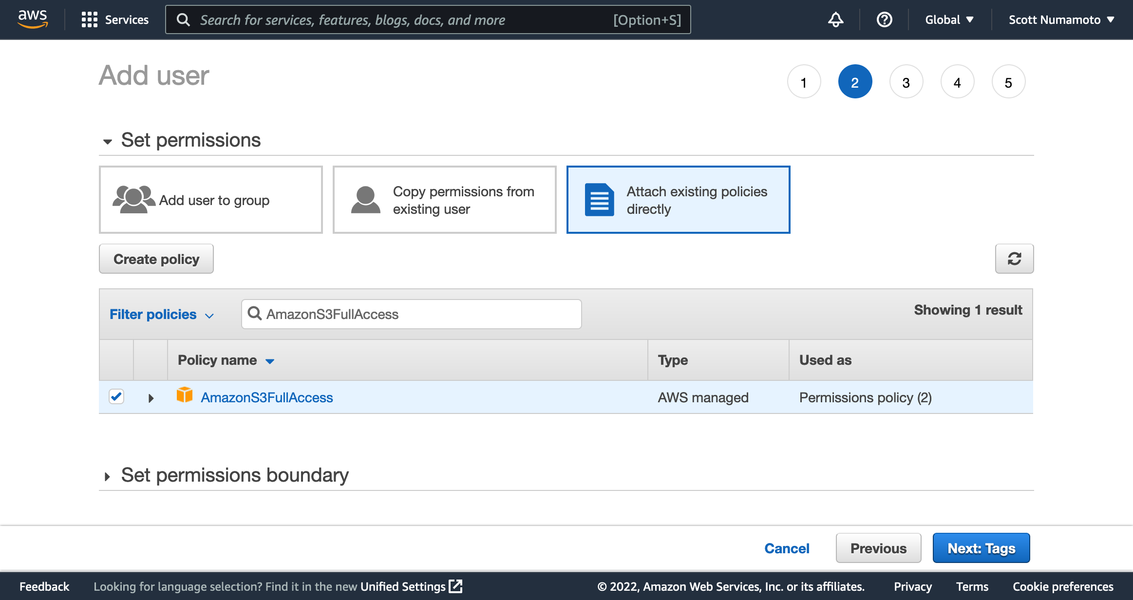 A screenshot of the AWS Dashboard selecting the AmazonS3FullAccess policy for new IAM user