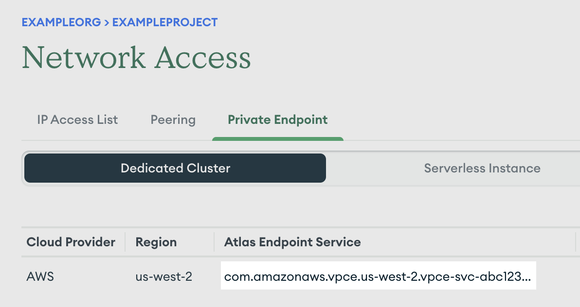 The Private Endpoint tab in the Atlas UI