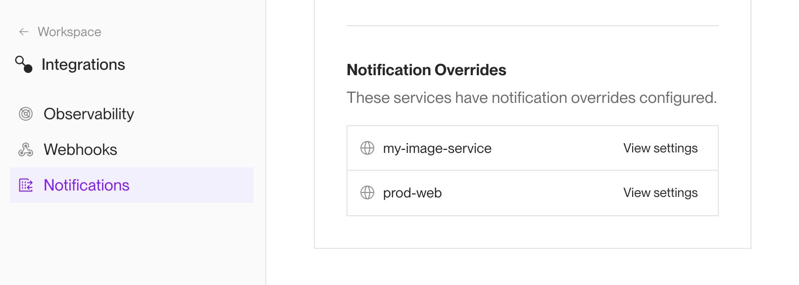 List of services that override notification settings in the Render Dashboard