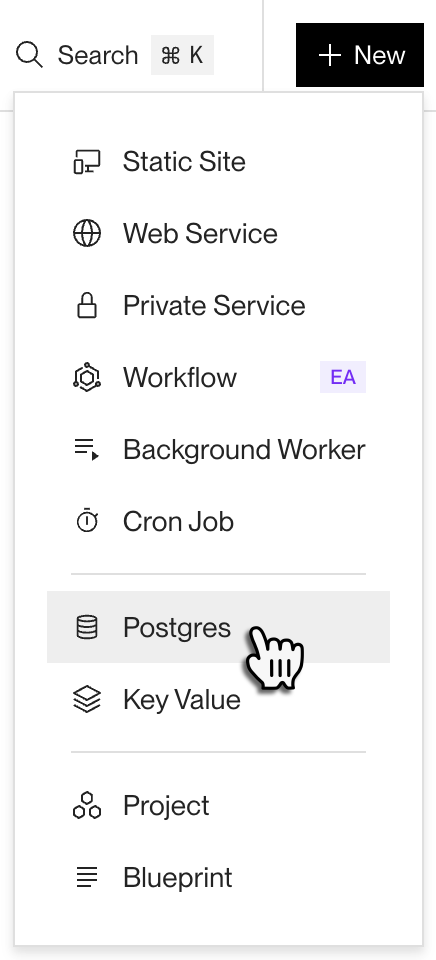 Creating a new datastore in the Render Dashboard