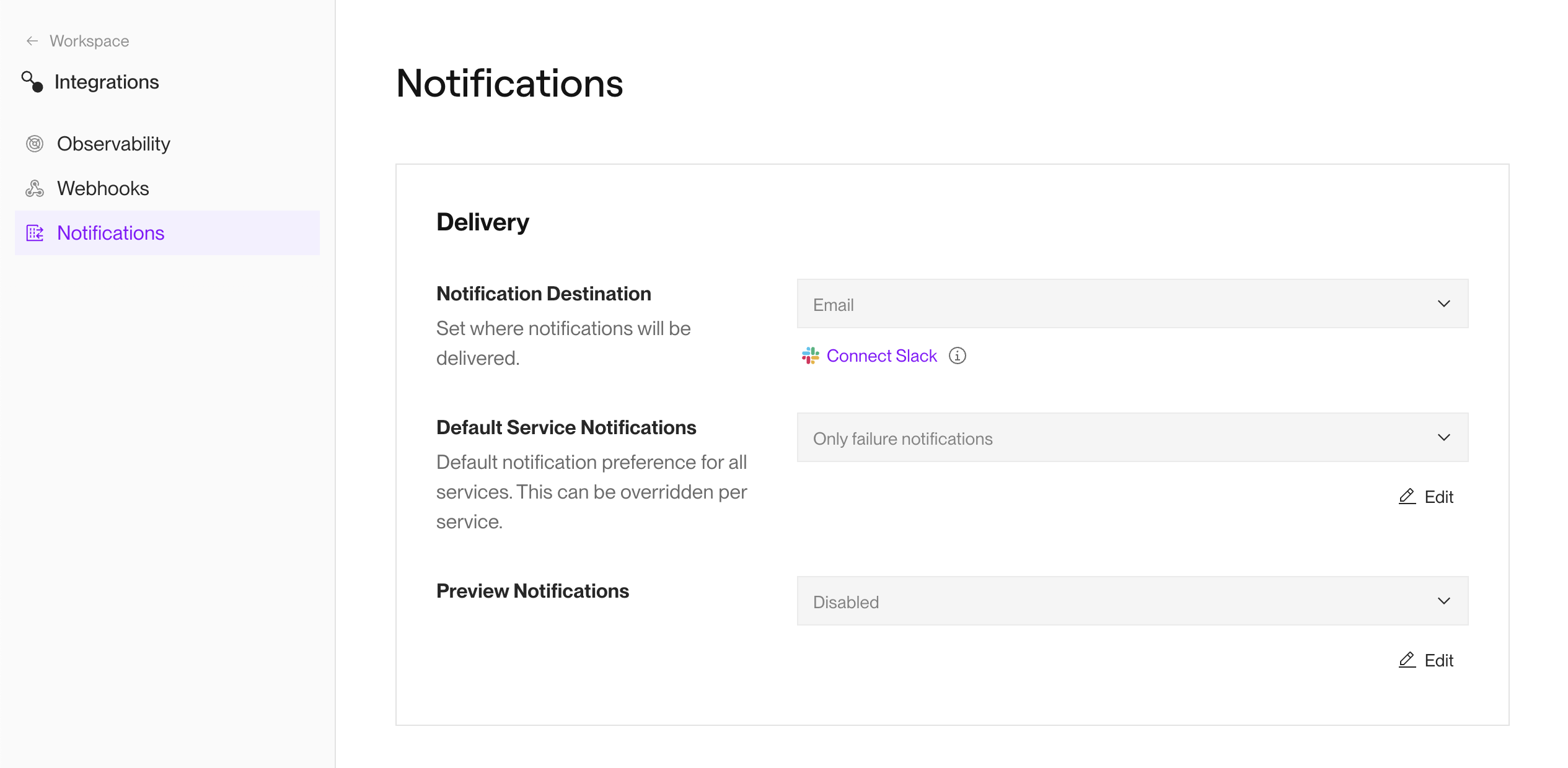 Notifications settings in the Render Dashboard