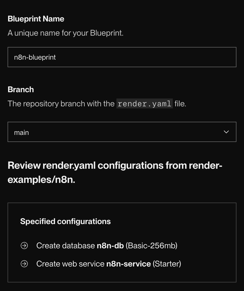 The Blueprint creation form in the Render Dashboard