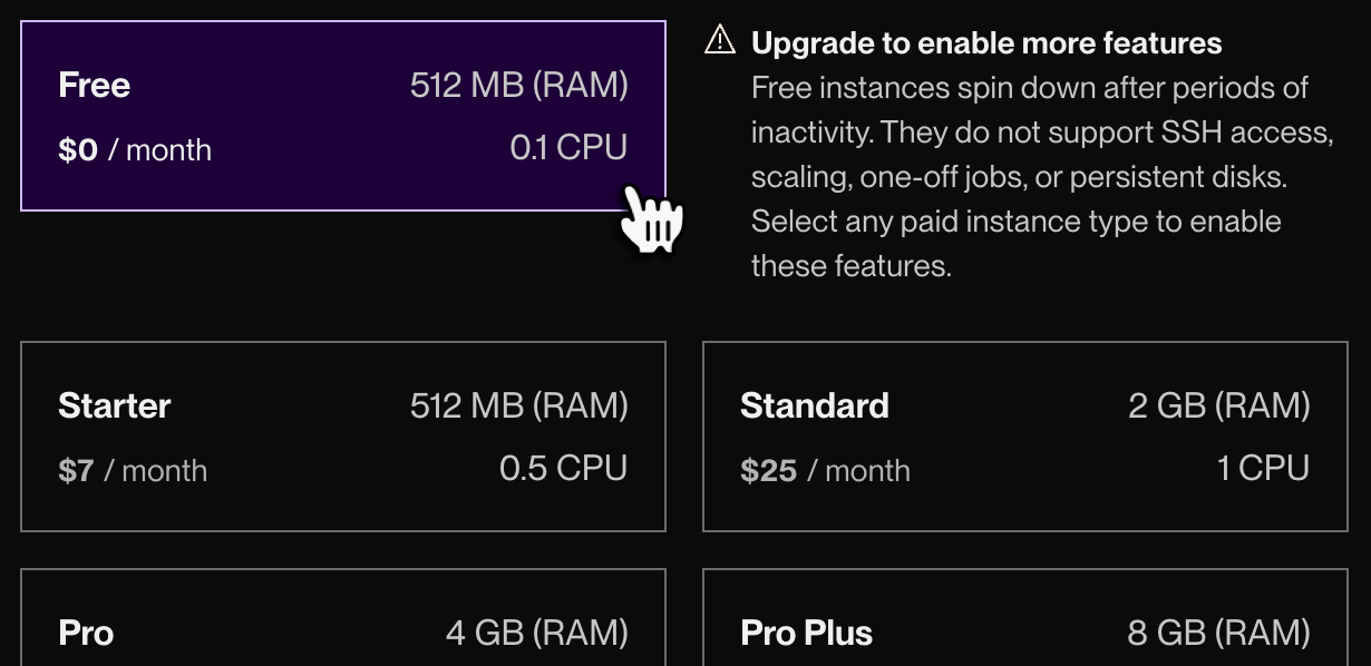 Selecting a web service instance type