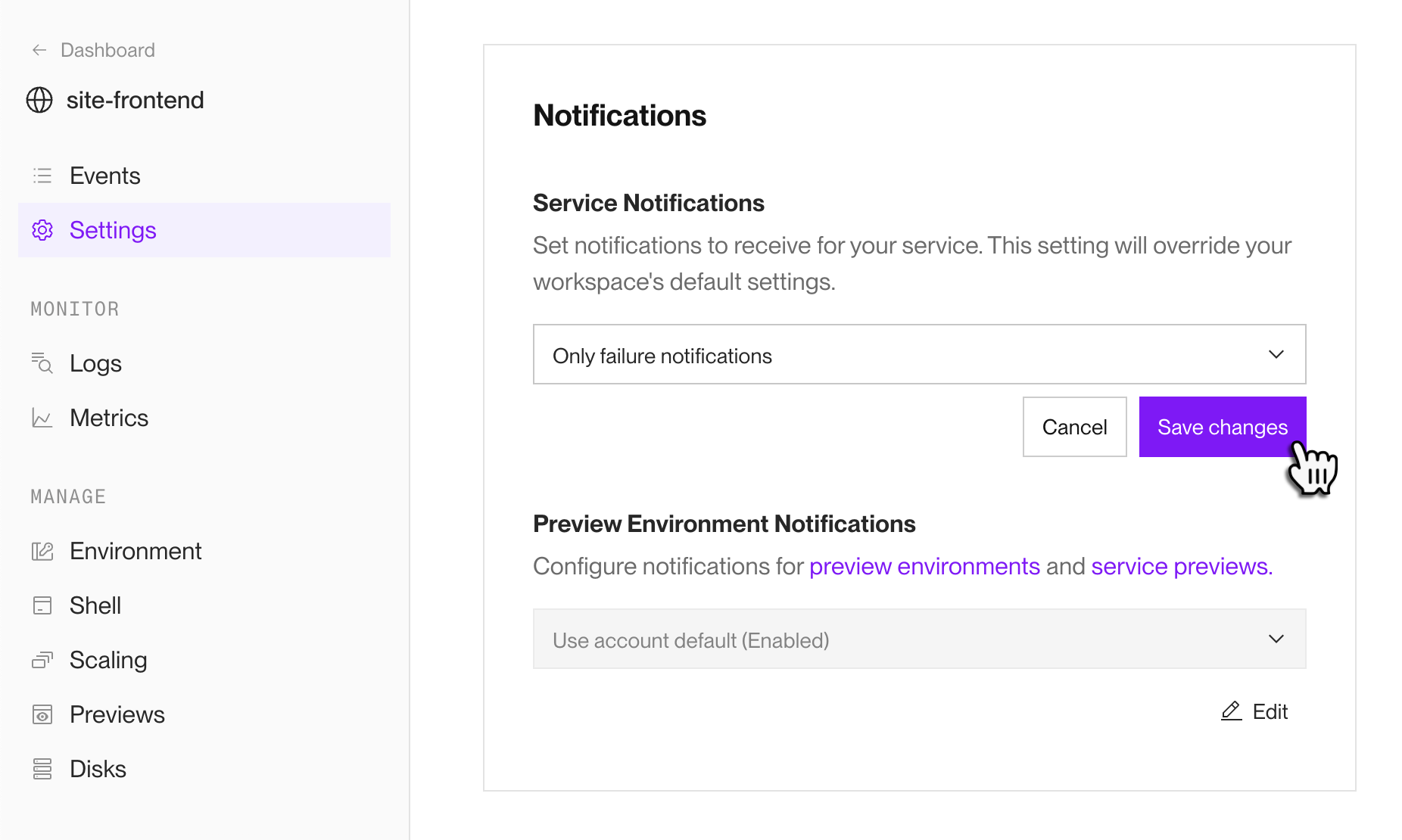 Overriding notification settings for an individual service in the Render Dashboard