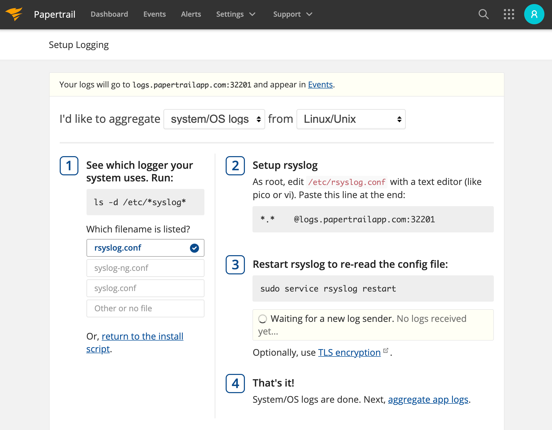 Papertrail Syslog Settings