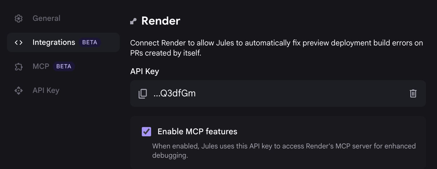 Render integration settings in Jules