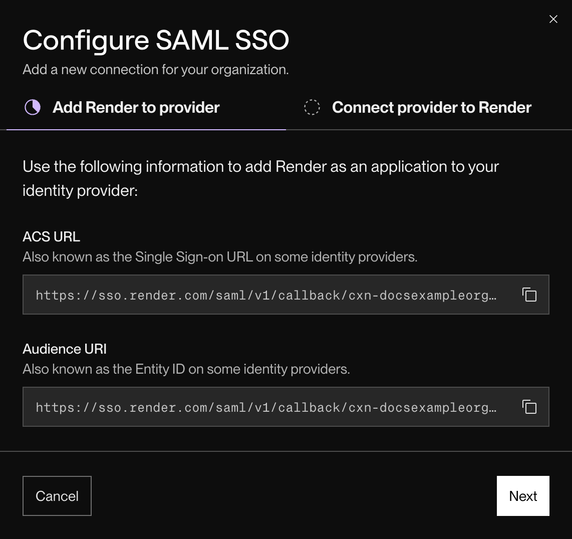 Configuring an SSO connection in the Render Dashboard