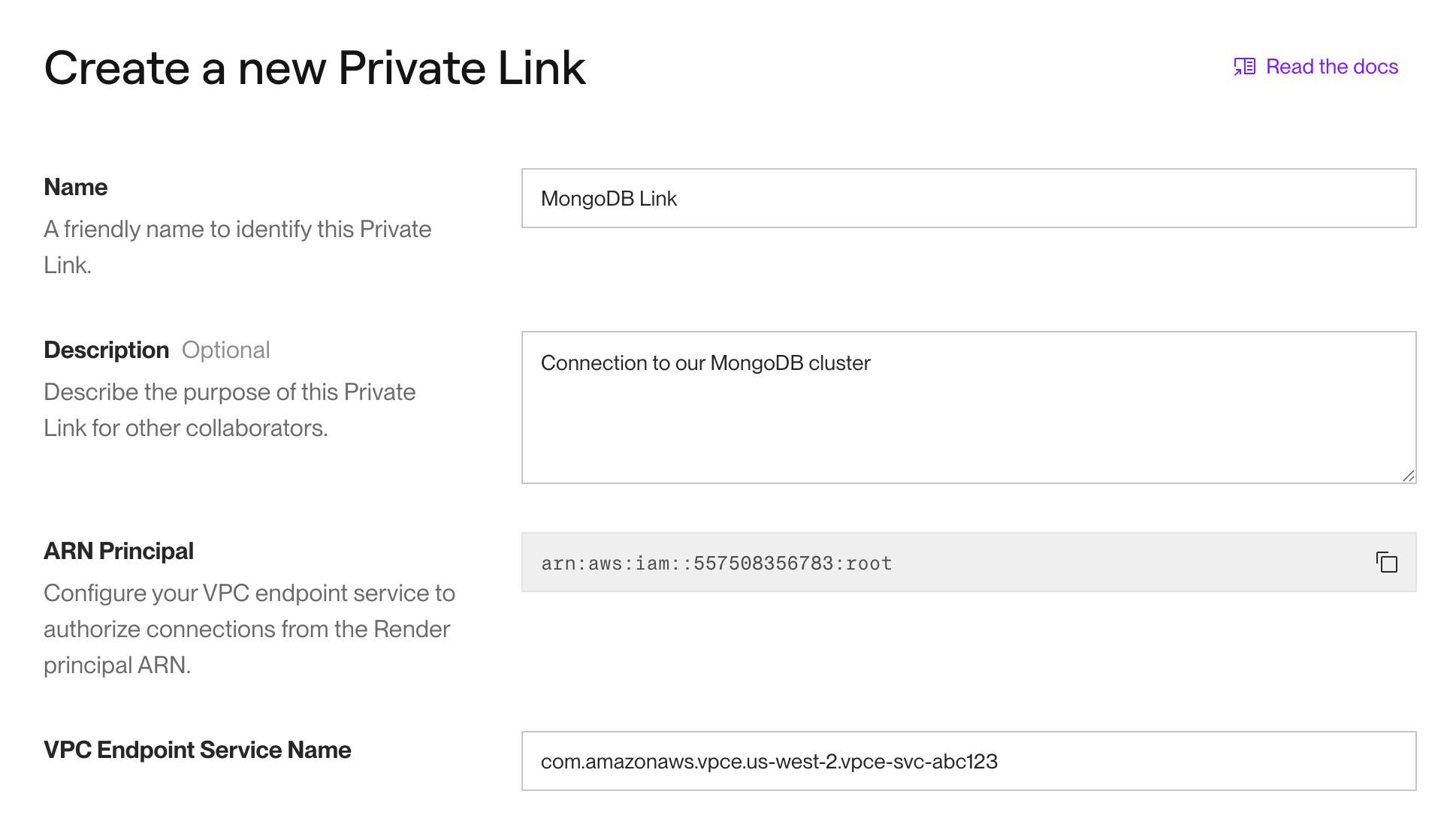 The private link creation form in the Render Dashboard